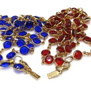 Vintage 2 Necklace Set, Red Blue Acrylic Flat Bead Chains, TWO SISTERS, 28 Inch